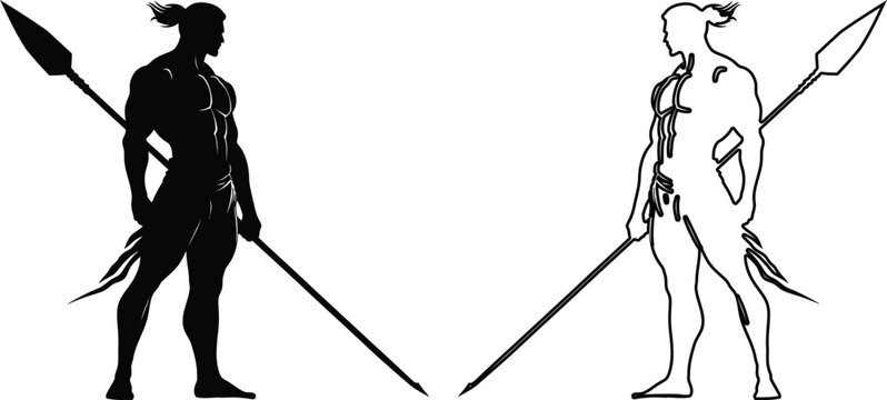 Tribal warrior holding spear side by side