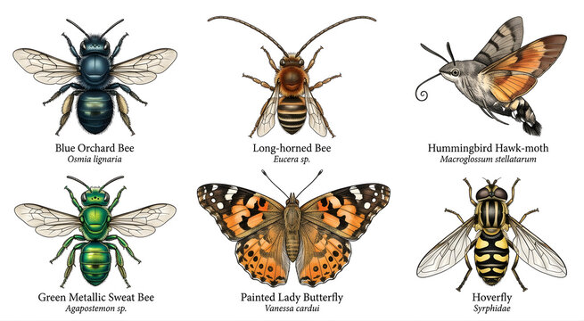 Detailed Insect Collection Vector Illustration Set with Blue Orchard Bee Painted Lady Butterfly Hummingbird Hawk Moth Hoverfly and Green Metallic Sweat Bee Isolated on White Background