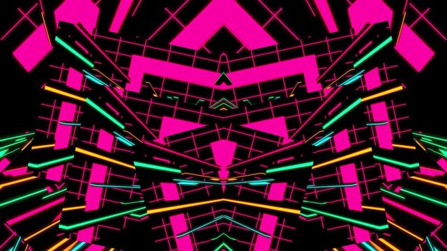 Abstract symmetrical neon grid with magenta and teal lines in a futuristic retro synthwave style digital illustration