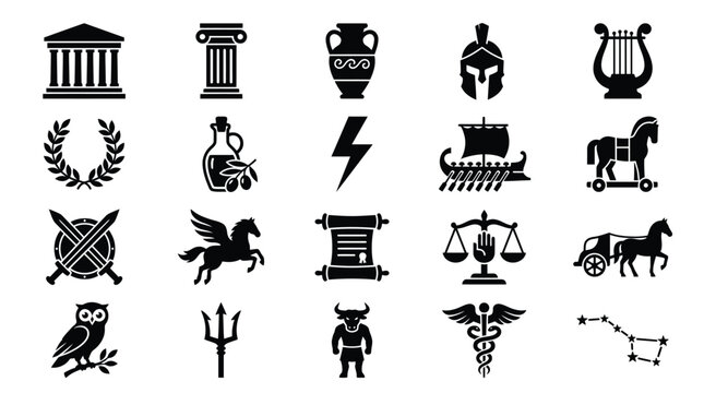 Set of black vector icons representing classic ancient greek mythology symbols and historical cultural elements