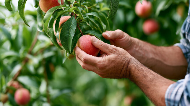Hands of farmer harvesting ripe peach from orchard tree branch