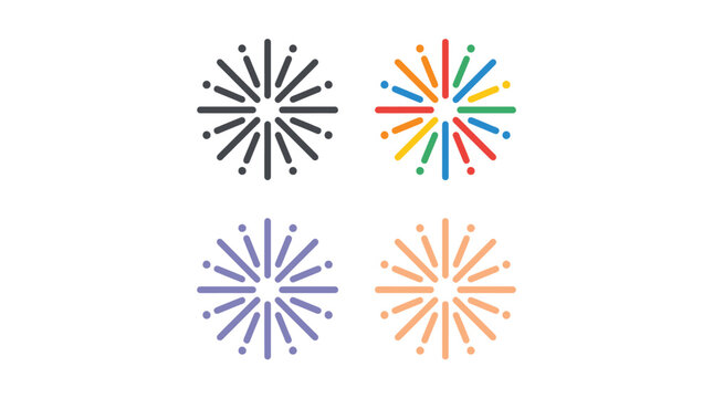 Minimalist vector illustration showing four circular sunburst icons with varied vibrant colors and solid lines
