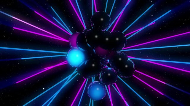 Abstract glowing neon geometric structure with a luminous blue orb against a backdrop of radiating lines