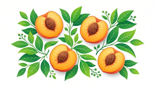 Illustrated peaches halved with pits and cavities, showing vibrant orange flesh, reddish skin, and green leaves in a natural fruit motif.