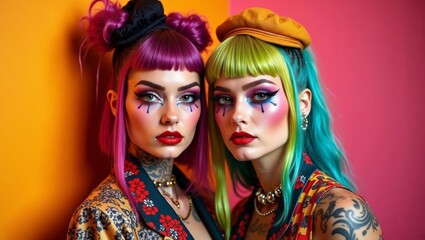 Obraz premium Two women with colorful hairstyles and bold makeup pose closely against a vibrant orange and pink background, showcasing unique fashion styles and artistic expressions