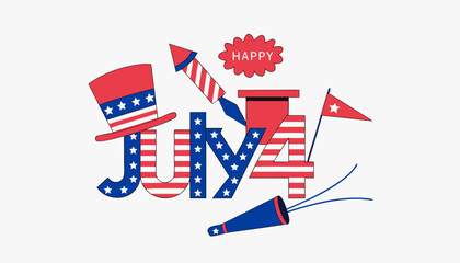Obraz premium Patriotic July 4th, Independence Day, American flag, festive icons, red white blue