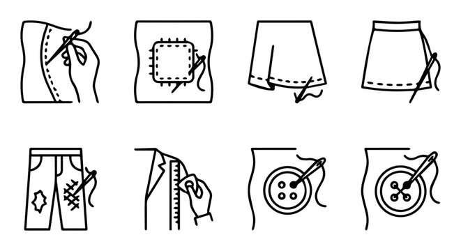 Sewing and Tailoring Icons: Hand Stitching, Patching, Hemming, Buttons, and Alterations Vector Set for Fashion and Craft Projects