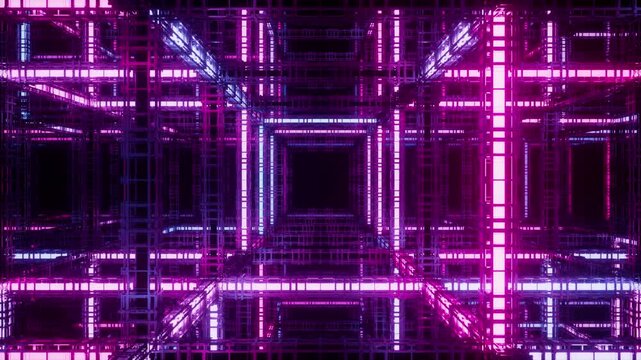 Glowing neon grid tunnel with futuristic purple and pink light beams in a dark 3D digital tech environment