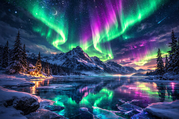 Fototapeta premium Wide Angle Northern Lights Over Frozen Patterned Lake and Winter Cottage