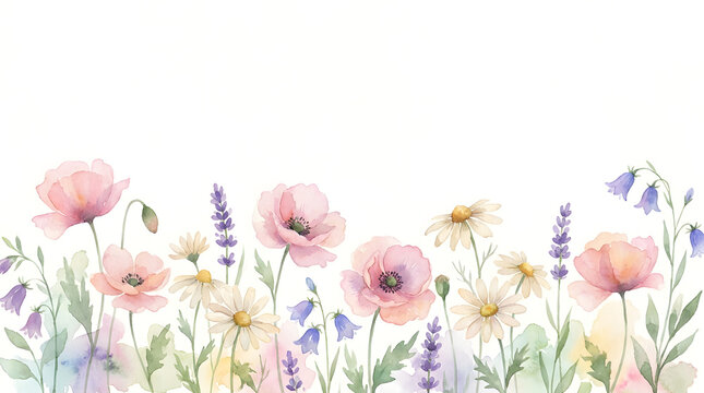 Watercolor illustration of delicate pink poppies and wildflowers border.
