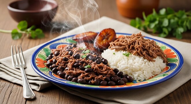 Traditional Venezuelan meal with shredded beef rice and black beans on ceramic plate outdoor setting