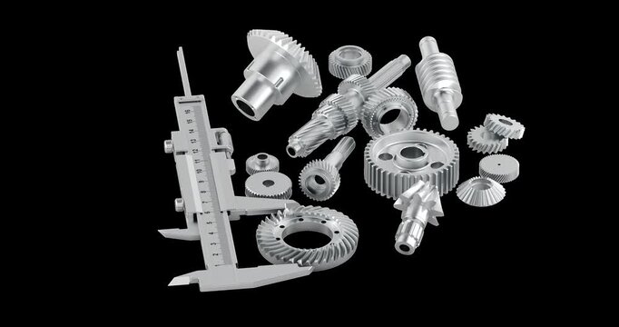 Precision metal gears shafts and vernier caliper rotation animation seamlessly loopable. 3D rendering isolated on transparent background