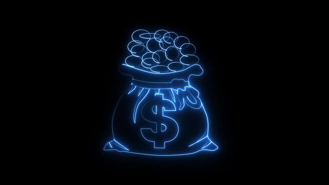 Neon Glowing Money Bag and Coins with doller Icon &ndash; Digital Currency or Finance Concept.4k video