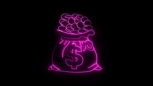 Neon Glowing Money Bag and Coins with doller Icon &ndash; Digital Currency or Finance Concept.4k video