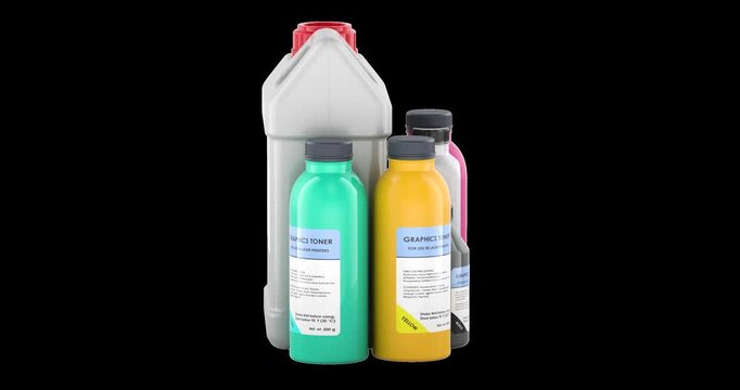 Colored laser toner bottles rotation animation seamlessly loopable. 3D rendering isolated on transparent background