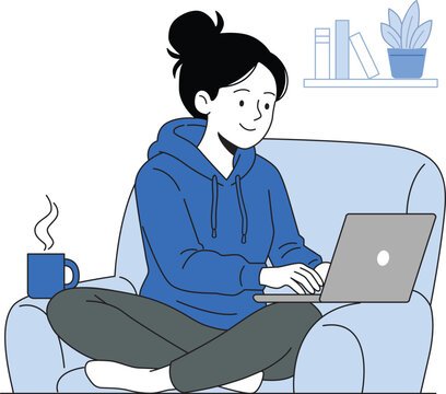 Young woman freelancer sitting on armchair and working on laptop at home 