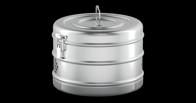 Medical stainless steel sterilization drum rotation animation seamlessly loopable. 3D rendering isolated on transparent background