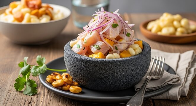 Fresh ceviche served in stone bowl with corn and sweet potato garnish on wooden table