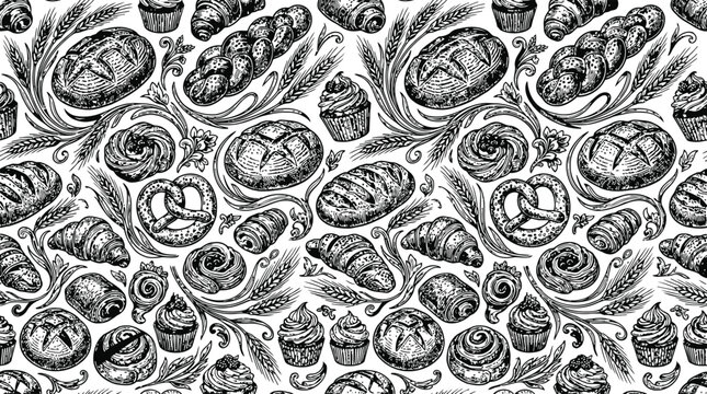 A rich assortment of baked goods in a seamless engraving pattern during a bright studio setting for commercial use