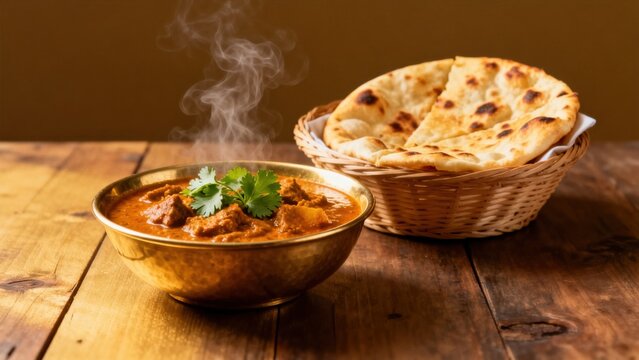 Steaming curry and naan bread
