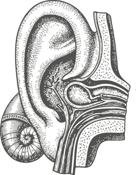 Anatomical ear cross-section with cochlea detail rendered in monochrome engraving style against a white background