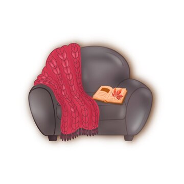 cute little sofa with a book and red blanker, white background