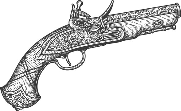 Antique flintlock pistol with intricate engraving on handle during a historical reenactment for advertising concepts