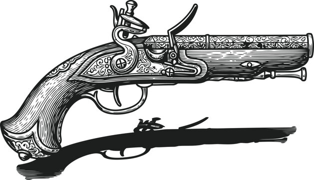 Antique flintlock pistol with intricate detailing rendered in a classic engraving style against a stark white background representing historical weaponry
