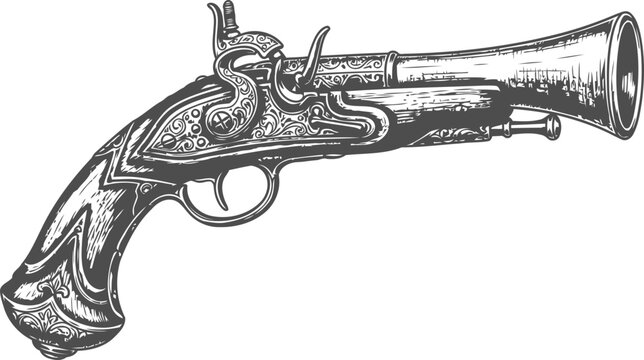 Antique flintlock pistol with ornate detailing rendered in a classic engraving style against a clean white background for historical storytelling
