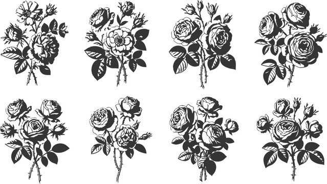Antique floral bouquet engraving collection with delicate rose blossoms and leaves during a vintage botanical illustration study