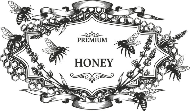 Bees and lavender frame with honeycomb pattern during engraving style for natural product labeling