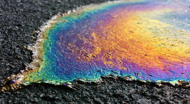 Iridescent oil slick on dark asphalt shows vibrant rainbow colors