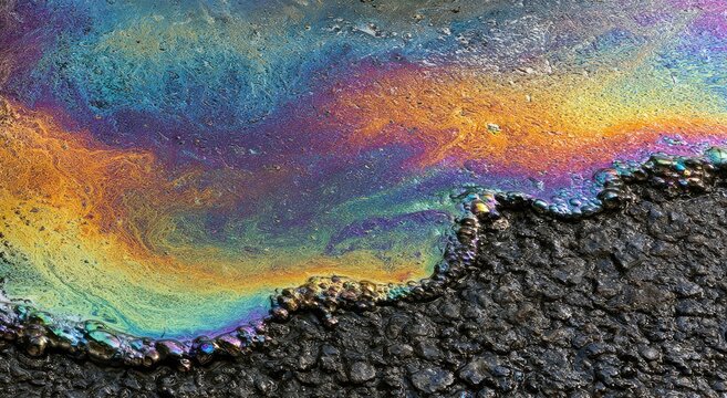 Iridescent petrochemical sheen on dark textured surface