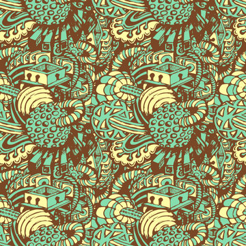 Seamless pattern using randomly placed hand-drawn doodle objects. Vector illustration