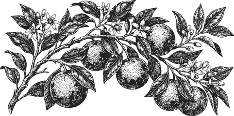 Citrus branch with ripe oranges and blossoms detailed in an antique engraving style against a white background for natural product design © sakib