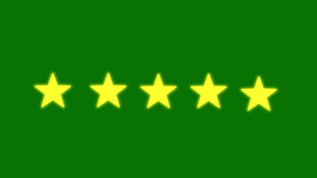 Yellow 5 stars rating video animation, star review concept, rating stars icon animation, customer feedback 5 star rating Five star rating review, animated five star for rating in green background 4k