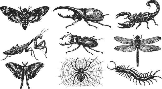 Collection of detailed insect engravings including a moth stag beetle scorpion mantis spider dragonfly and centipede on a white background