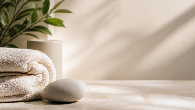 Spa self-care still life with folded towel smooth stone warm neutral