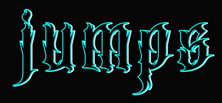 Gothic Jumps Text Effect with Spiky Cyan and Black Tribal Outlines on Black Background