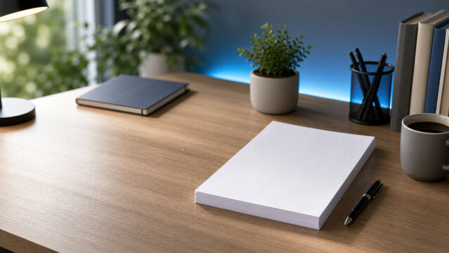 Business training background with clean desk blank paper stack