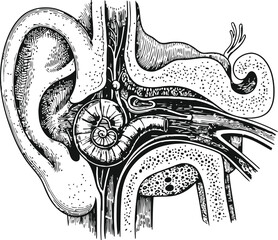 Detailed engraving of the human ear anatomy with cochlea and auditory canal for medical and educational use © sakib