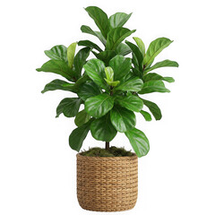 Naklejka premium Small fiddle leaf fig plant inside a woven basket pot