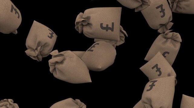 3D Animation of Falling British Pound Money Sacks on Black Background