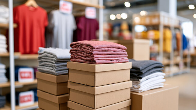 Folded clothing stacked on boxes in busy retail store display