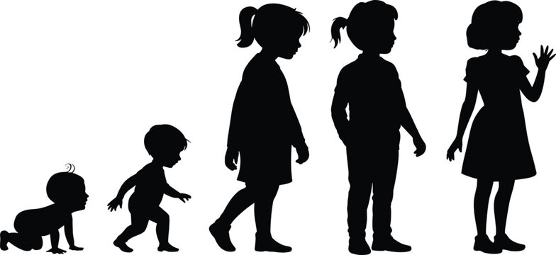 Child Growth Stages Silhouette Collection Showing Baby Toddler and Young Children Development Progression Vector Set