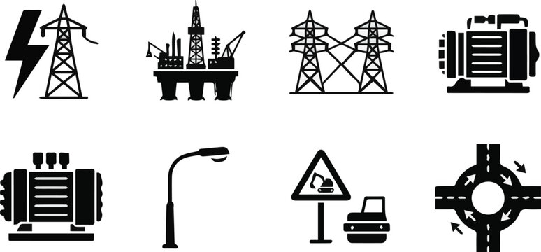Isolated on black shilouette infrastructure icons set. Energy, oil, power grid, generator, street light. Road construction, roundabout vector illustration on white background