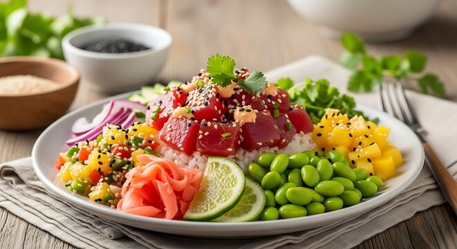 Fresh poke bowl with ahi tuna, vegetables, and rice on wooden table in natural light