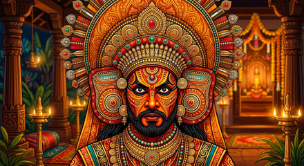 Obraz premium Theyyam performer, Theyyam dance, Kerala culture, Kerala folk art, ritual dance, Hindu ritual, North Kerala, Malabar culture, Kannur, Kasaragod, Kaliyattam, Thirayattam, sacred performance, goddess.