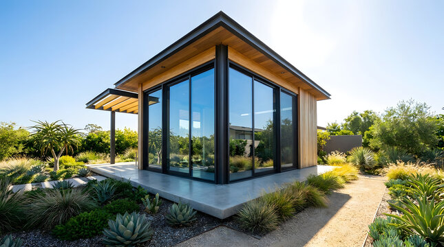 A sleek eco-luxury pavilion with polished concrete floors and floor-to-ceiling glass wall panels.