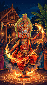 Theyyam performer, Theyyam dance, Kerala culture, Kerala folk art, ritual dance, Hindu ritual, North Kerala, Malabar culture, Kannur, Kasaragod, Kaliyattam, Thirayattam, sacred performance, goddess.